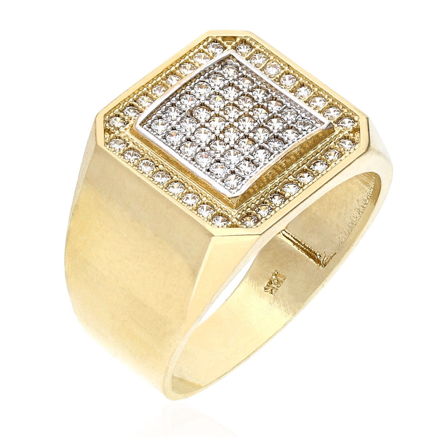 10K Gold Yellow Pave CZ Square Halo Cluster Signet Mens Ring