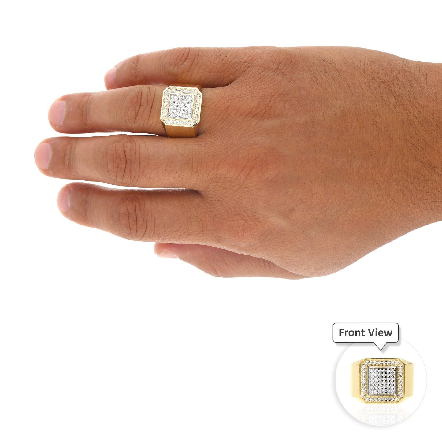 10K Gold Yellow Pave CZ Square Halo Cluster Signet Mens Ring