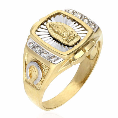 10K Gold Yellow White Zirconia Our Lady of Guadalupe And Lucky Horseshoe Ring