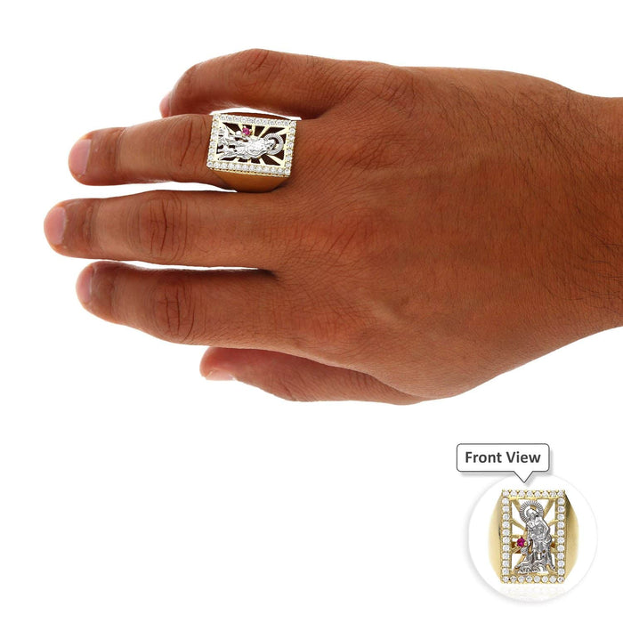10K Gold Yellow White Zirconia And Ruby Saint Lazarus Rectangle Signet Ring