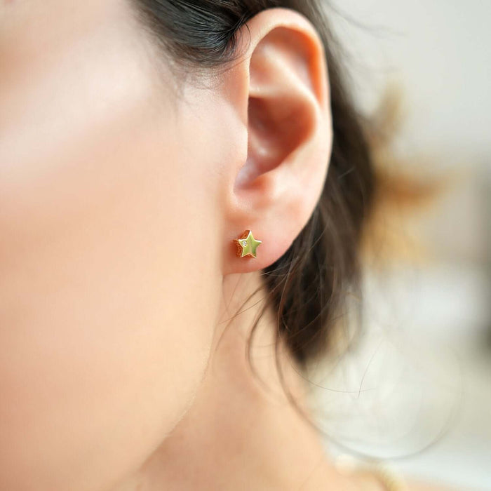 14K Yellow Gold 0.01Ct Natural Diamond 6.5mm Star Push Back Stud Earrings