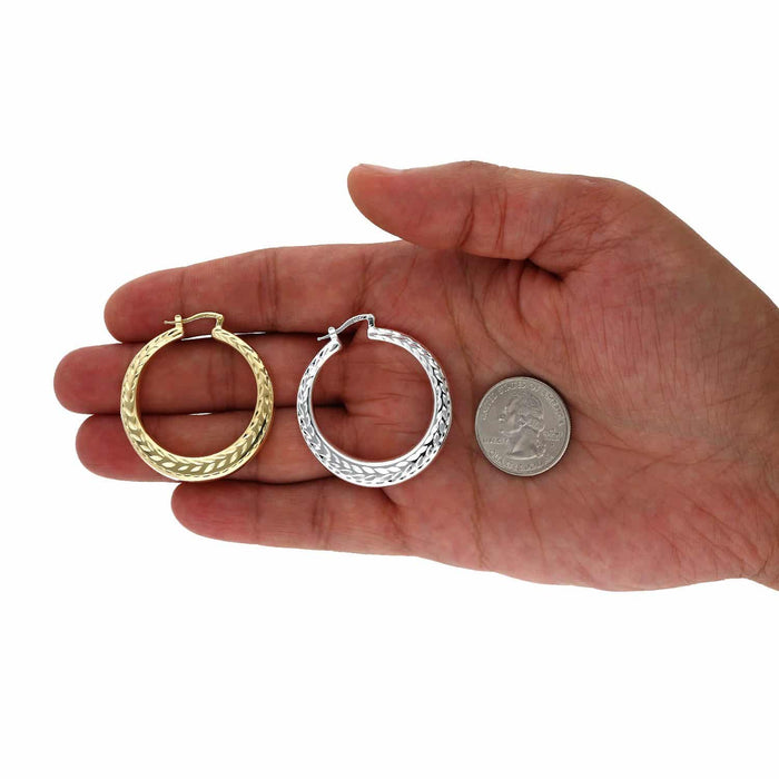 Yellow White Gold Tone 925 Sterling Silver Diamond-Cut Chunky Hoop Earrings 38mm