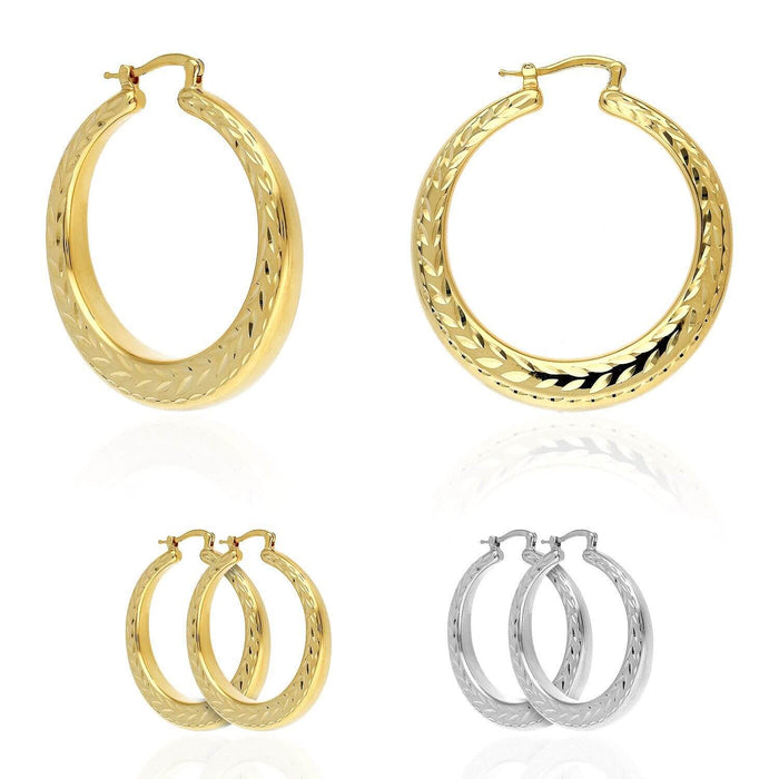 Yellow White Gold Tone 925 Sterling Silver Diamond-Cut Chunky Hoop Earrings 38mm