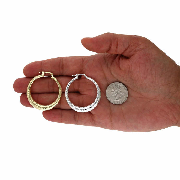 Yellow White Gold Tone 925 Sterling Silver Diamond-Cut Chunky Hoop Earrings 39mm