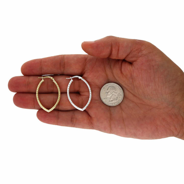 Yellow White Gold Over Silver Diamond-Cut Oval Shape Hoop Earrings