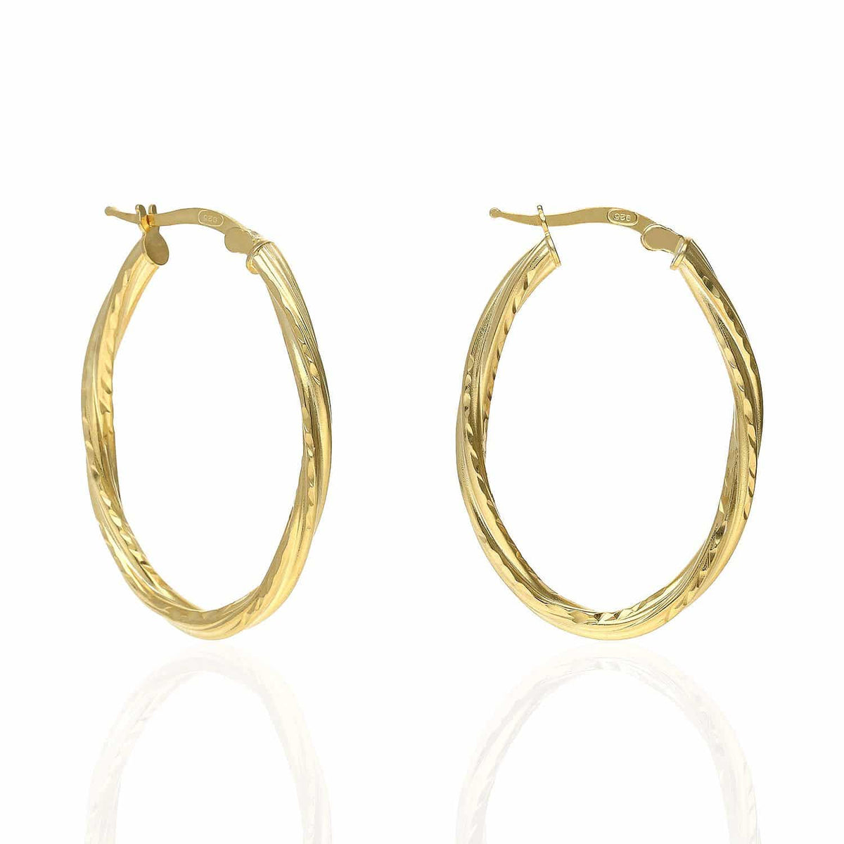 Yellow White Gold Tone Twisted Tube Diamond-Cut Oval 925 Silver Hoop Earrings