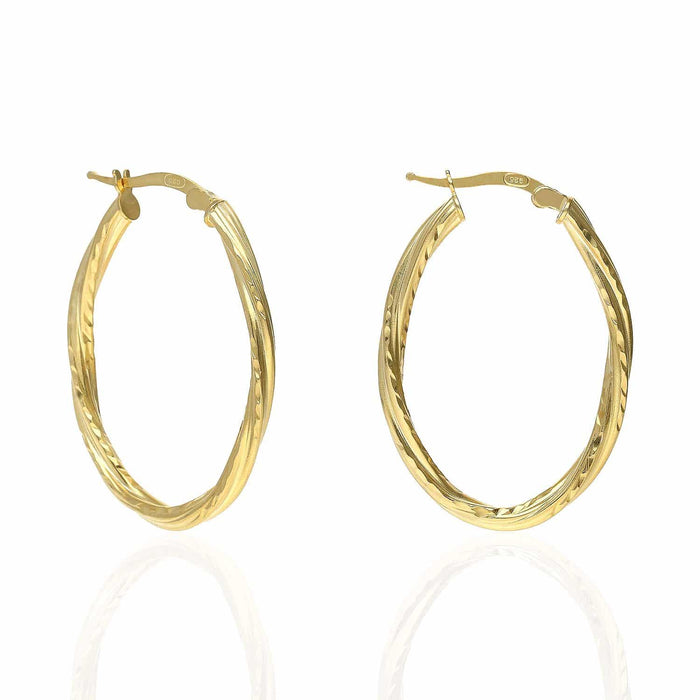 Yellow White Gold Tone Twisted Tube Diamond-Cut Oval 925 Silver Hoop Earrings