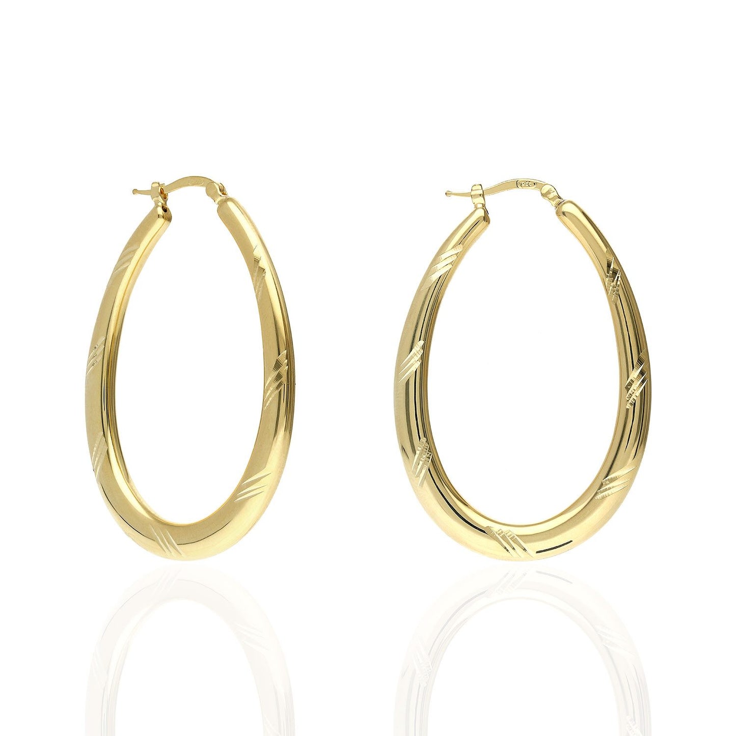 925 Sterling Silver Yellow White Gold Tone Diamond Cut 51mm Oval Hoop Earrings