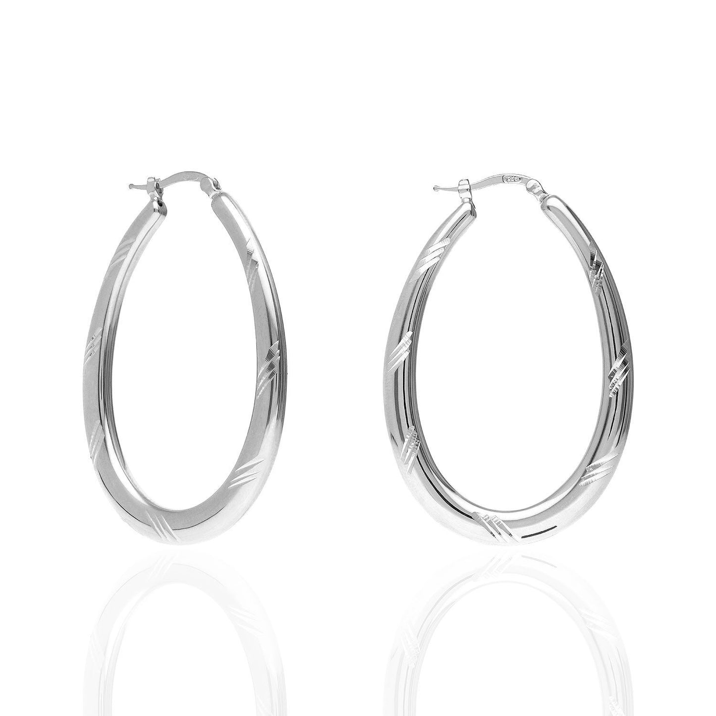 925 Sterling Silver Yellow White Gold Tone Diamond Cut 51mm Oval Hoop Earrings