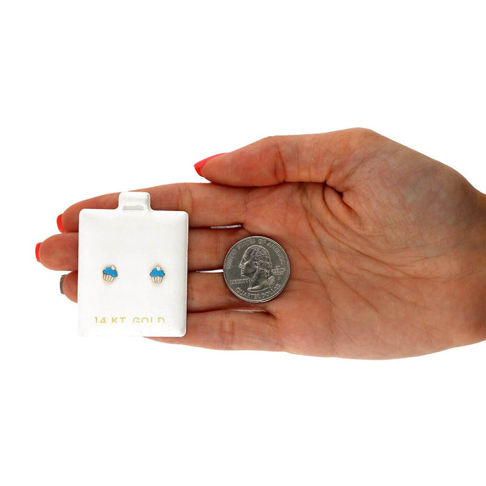 Kids 14K Yellow Gold Enameled Small Cupcake Screw Back Stud Earrings