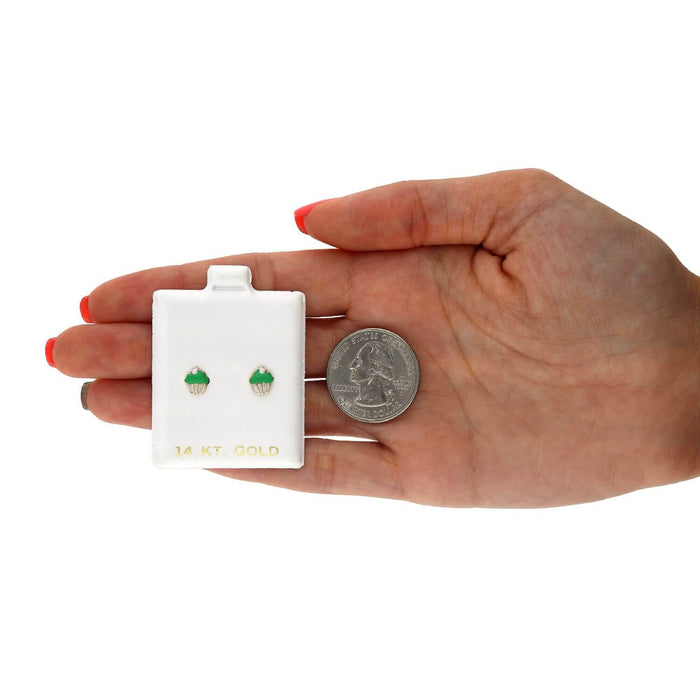 Kids 14K Yellow Gold Enameled Small Cupcake Screw Back Stud Earrings