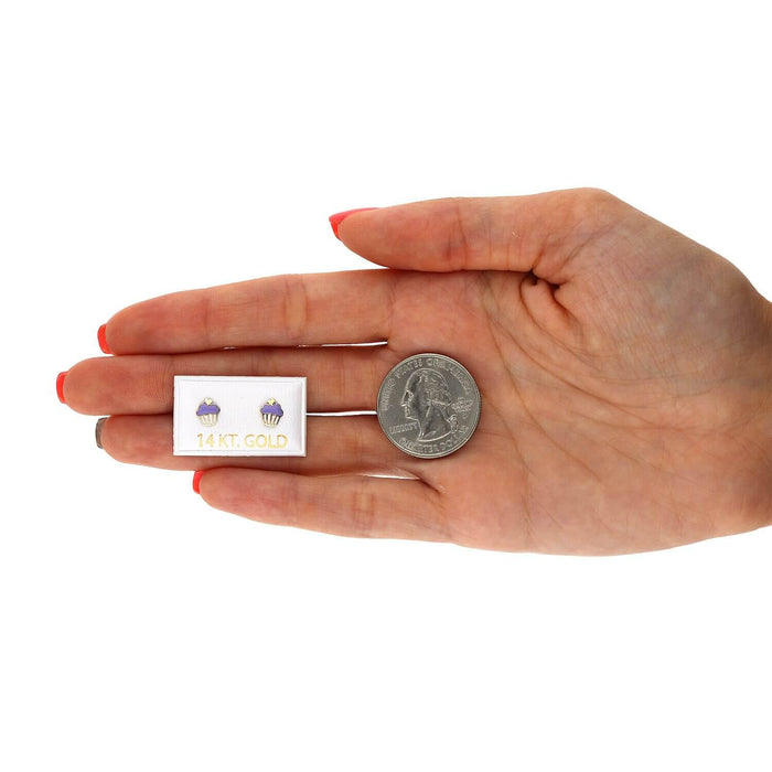 Kids 14K Yellow Gold Enameled Small Cupcake Screw Back Stud Earrings