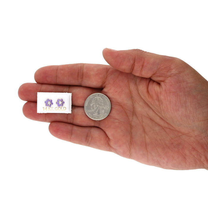 Kids 14K Gold Enamel Flower CZ Screw Back Baby Stud Earrings 7mm