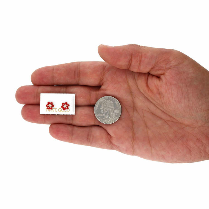 Kids 14K Gold Enamel Flower CZ Screw Back Baby Stud Earrings 7mm