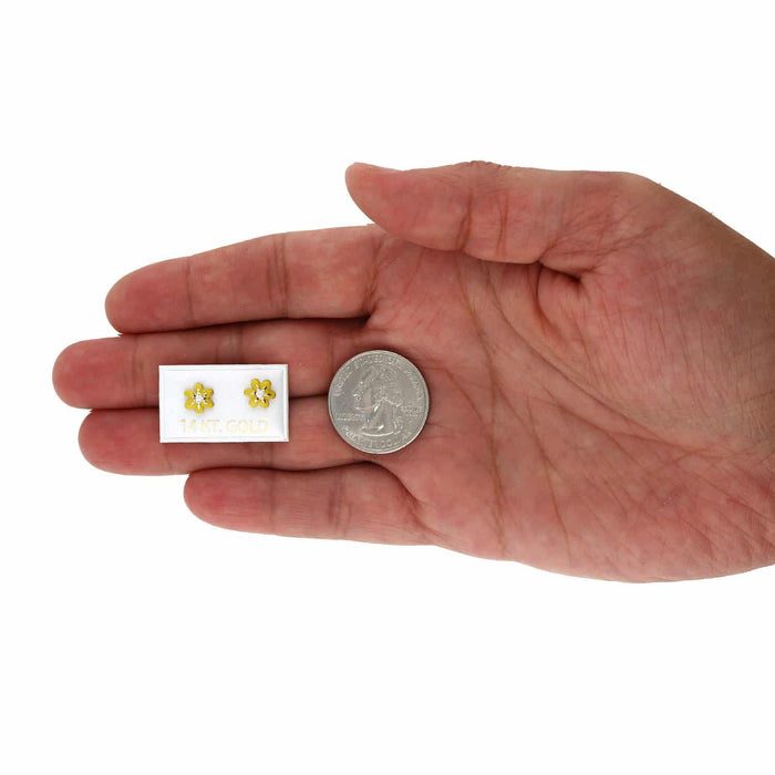 Kids 14K Gold Enamel Flower CZ Screw Back Baby Stud Earrings 7mm