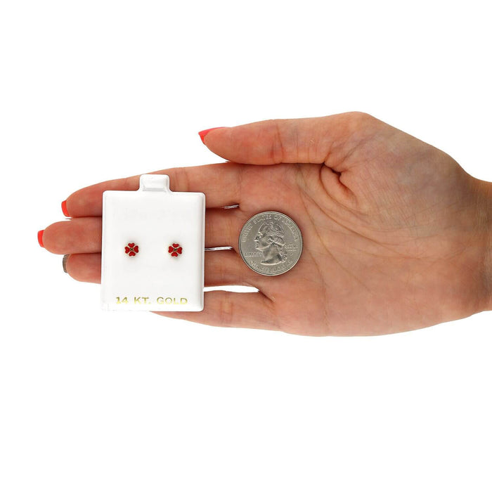 14K Yellow Gold Enameled Heart Flower Kids Earrings