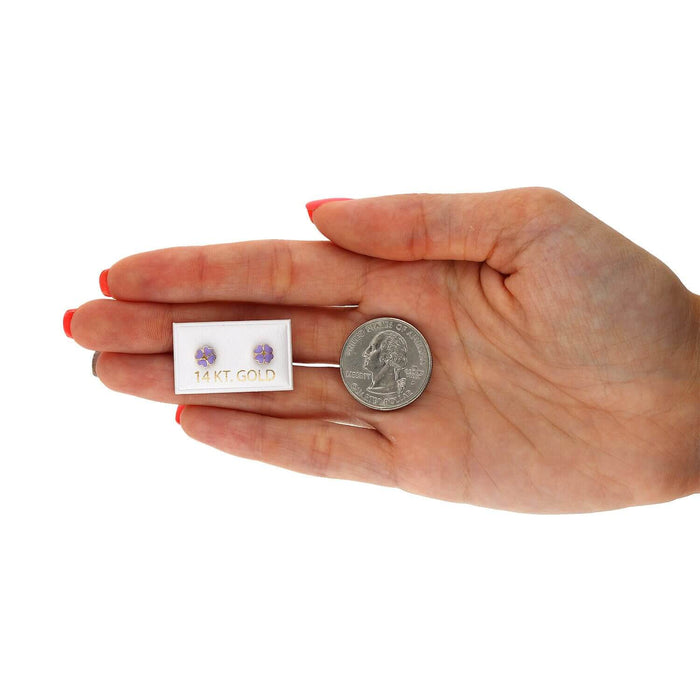 14K Yellow Gold Enameled Heart Flower Kids Earrings