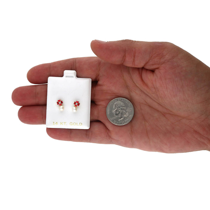 14K Yellow Gold Enameled Flower Pearl CZ Screw Back Stud Earrings