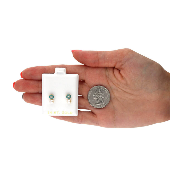 14K Yellow Gold Enameled Flower Pearl CZ Screw Back Stud Earrings