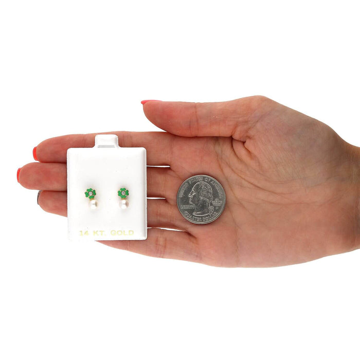 14K Yellow Gold Enameled Flower Pearl CZ Screw Back Stud Earrings