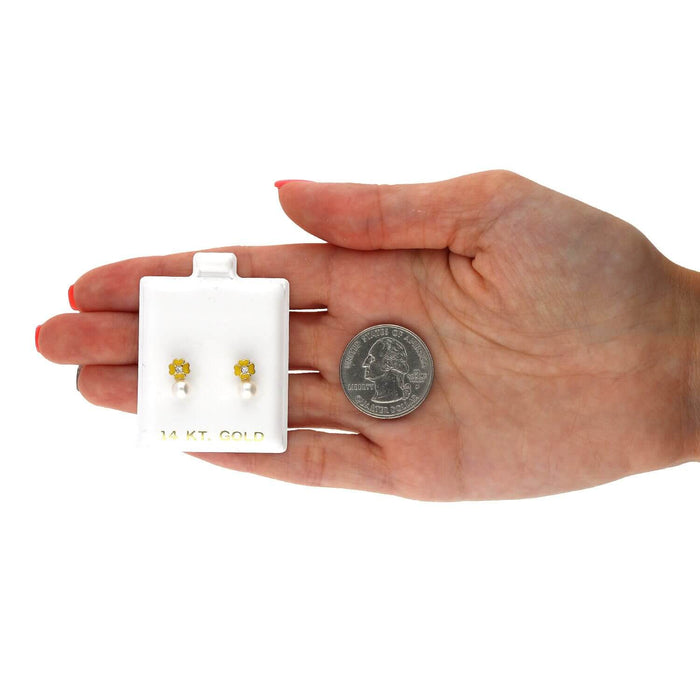 14K Yellow Gold Enameled Flower Pearl CZ Screw Back Stud Earrings