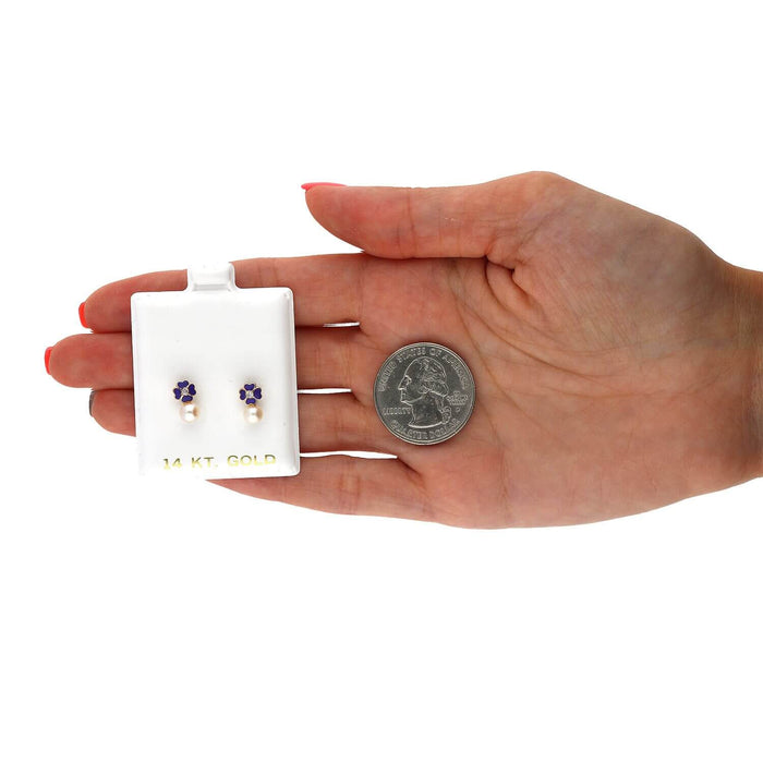 14K Yellow Gold Enameled Flower Pearl CZ Screw Back Stud Earrings