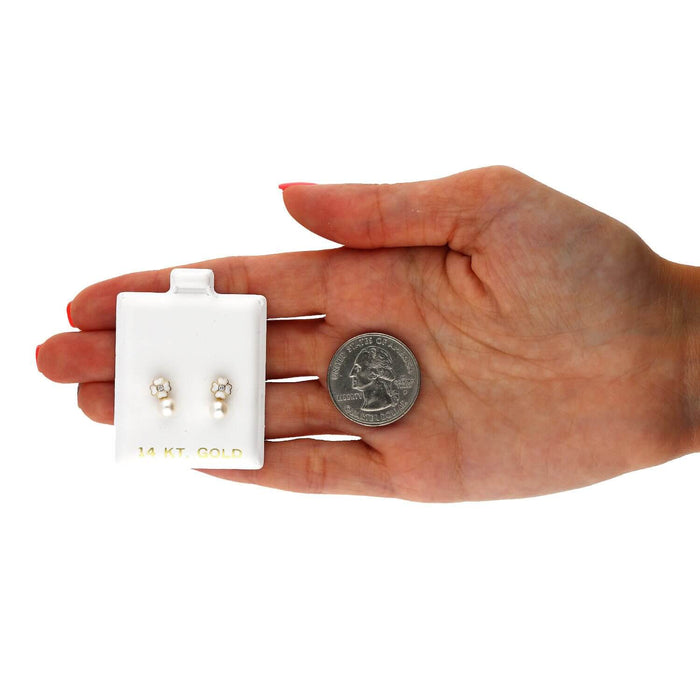 14K Yellow Gold Enameled Flower Pearl CZ Screw Back Stud Earrings