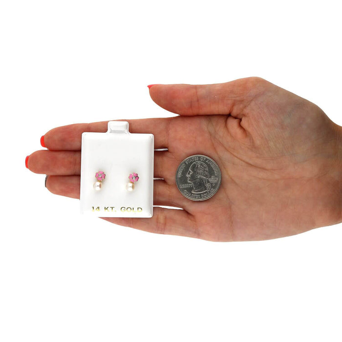 14K Yellow Gold Enameled Flower Pearl CZ Screw Back Stud Earrings