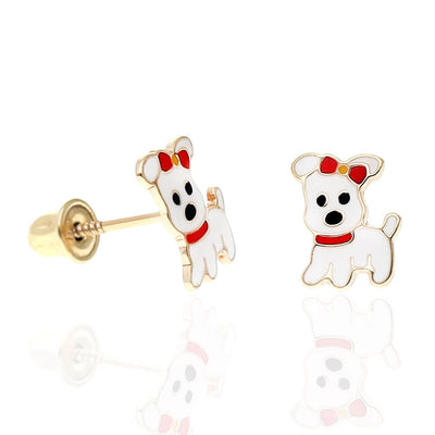 Kids 14K Yellow Gold Enamel Puppy Dog Screw Back Stud Earrings
