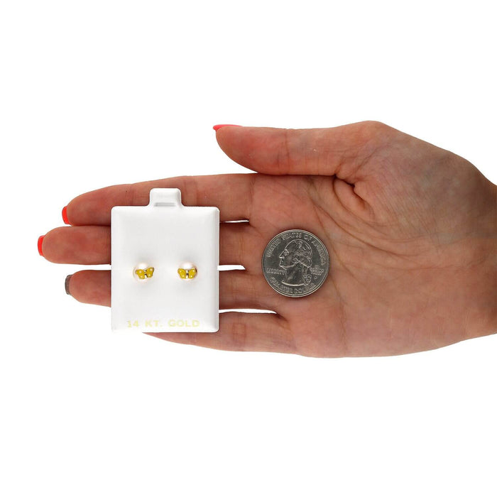 Kids 14K Yellow Gold Enameled Butterfly On White Pearl Screw Back Stud Earrings