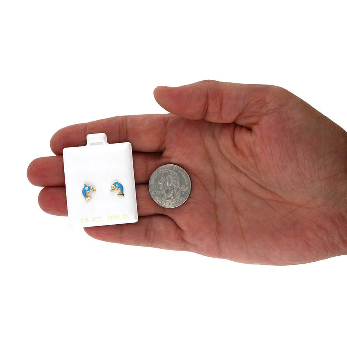 Kids 14K Yellow Gold CZ Enamel Dolphin Screw Back Stud Earrings