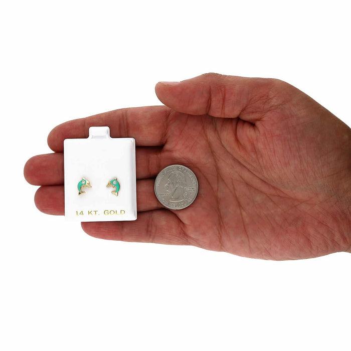 Kids 14K Yellow Gold CZ Enamel Dolphin Screw Back Stud Earrings