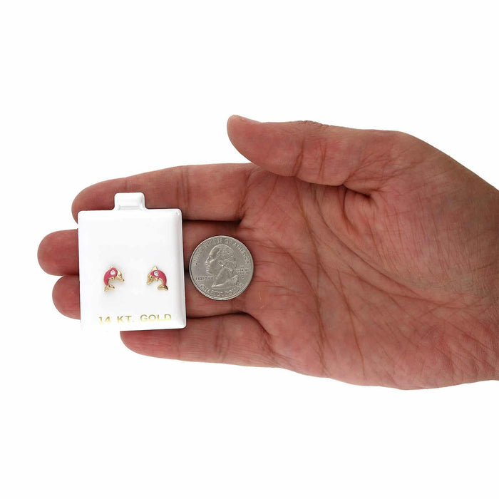 Kids 14K Yellow Gold CZ Enamel Dolphin Screw Back Stud Earrings