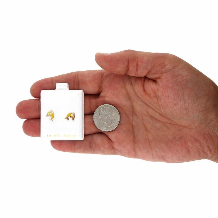 Kids 14K Yellow Gold CZ Enamel Dolphin Screw Back Stud Earrings