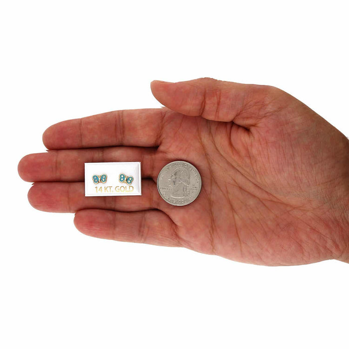 Kids 14K Yellow Gold CZ Color Enamel Butterfly Stud Earrings