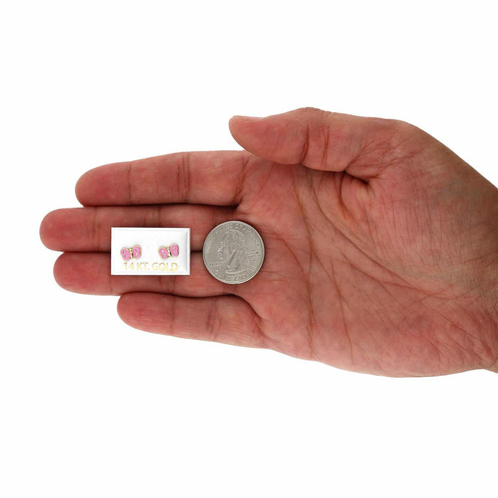 Kids 14K Yellow Gold CZ Color Enamel Butterfly Stud Earrings