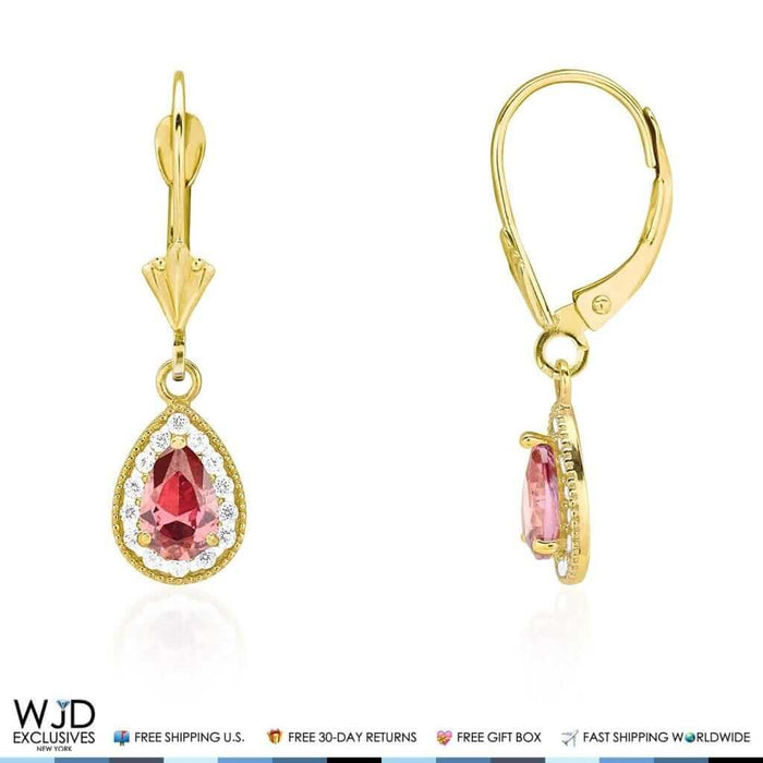 14K Yellow Gold Birthstone Halo Teardrop Leverback Earrings