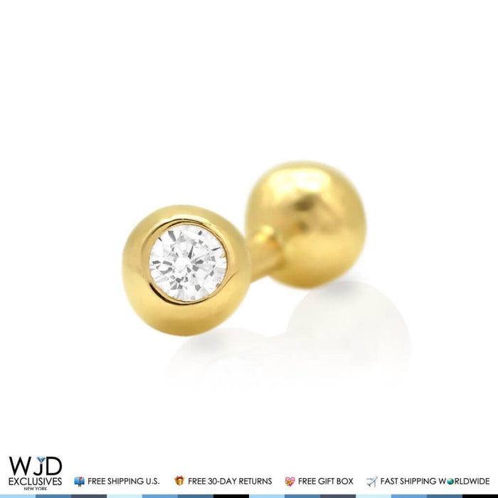 14K Gold CZ Bezel Set Belly Button Eyebrow Ring 16G