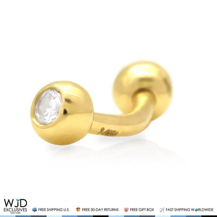 14K Gold CZ Bezel Set Belly Button Eyebrow Ring 16G