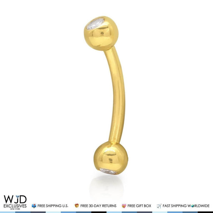 14K Gold CZ Bezel Set Belly Button Eyebrow Ring 16G