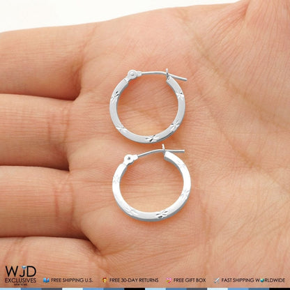 16mm Diameter Diamond Cut Snap Closure Hoop Earrings 14K Solid White Gold
