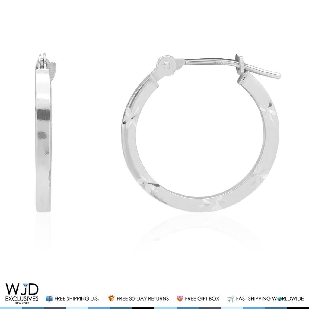 16mm Diameter Diamond Cut Snap Closure Hoop Earrings 14K Solid White Gold