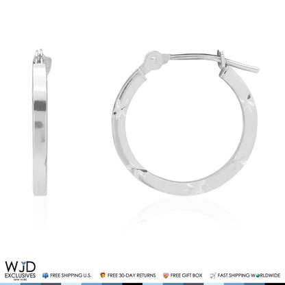 16mm Diameter Diamond Cut Snap Closure Hoop Earrings 14K Solid White Gold