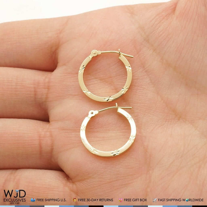 16mm Diameter Diamond-Cut Snap Closure Hoop Earrings 14K Yellow Gold