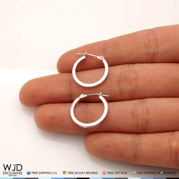 16mm Diameter Plain Square Hoop Snap Closure Earrings 14K White Gold