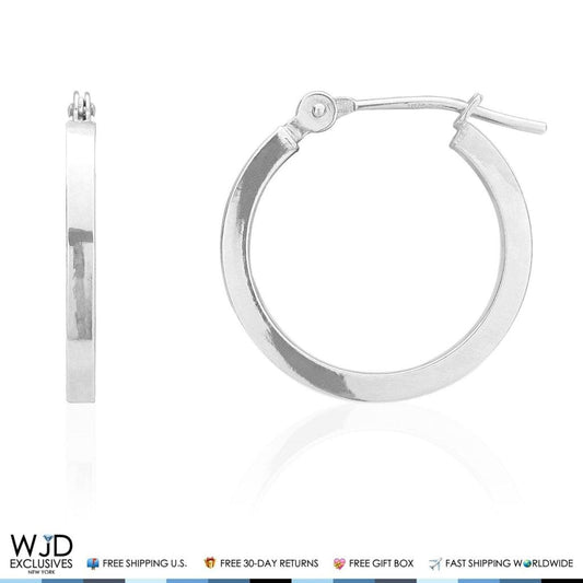 16mm Diameter Plain Square Hoop Snap Closure Earrings 14K Solid White Gold
