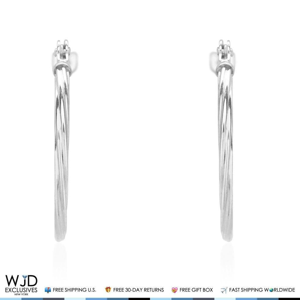 16mm Diameter Snap Closure Twisted Rope Style Hoop Earrings 14K Solid White Gold