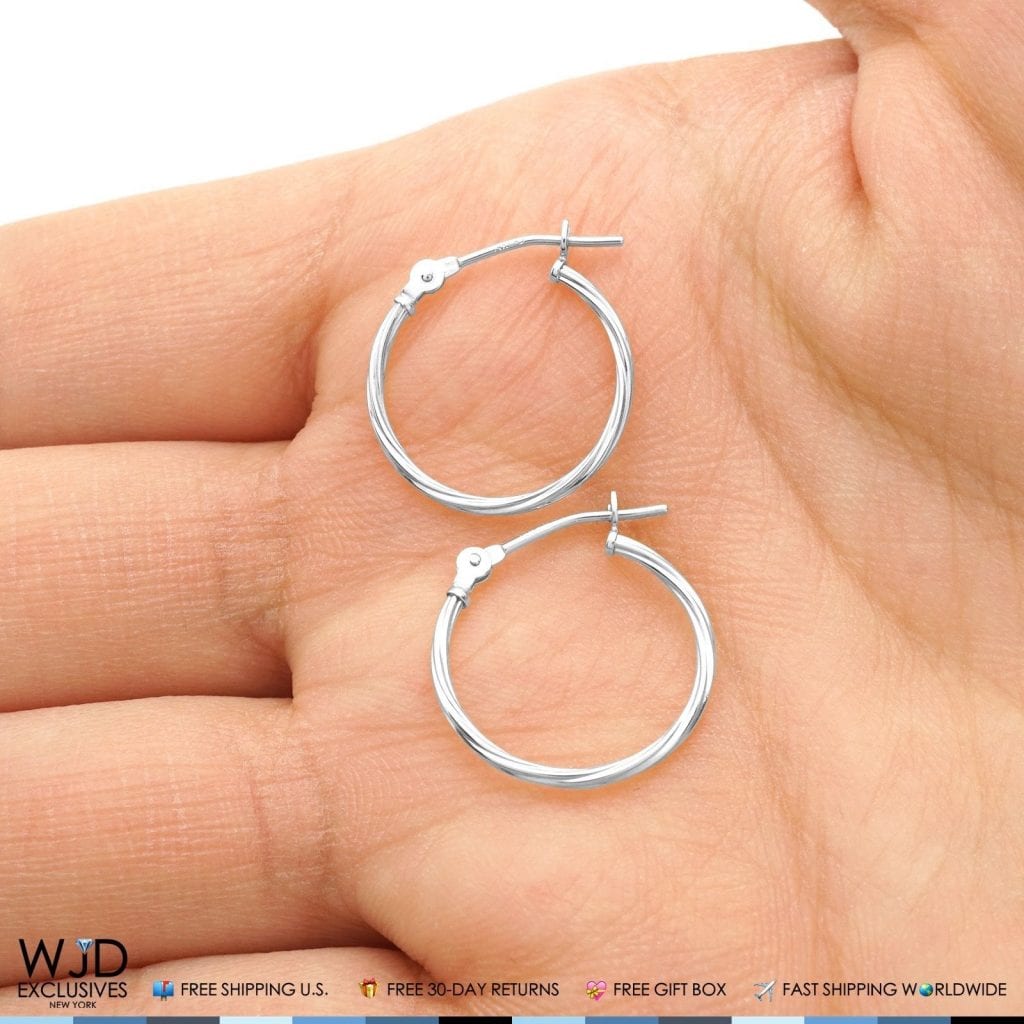 16mm Diameter Snap Closure Twisted Rope Style Hoop Earrings 14K Solid White Gold