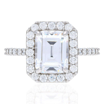 3.7CT CZ Emerald-Cut Halo Engagement Ring 14K Gold White