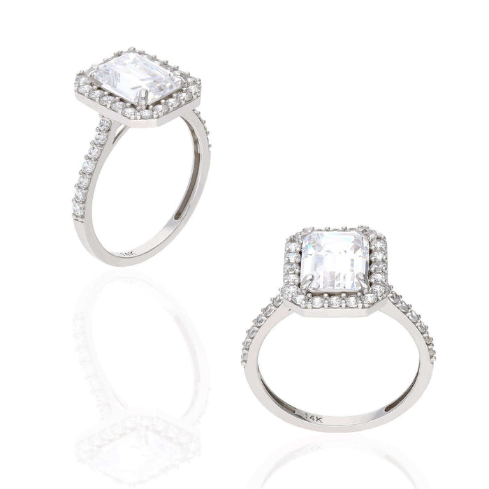 3.7CT CZ Emerald-Cut Halo Engagement Ring 14K Gold White